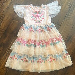 Mini Boden Embroidered Tulle Dress with Ruffle Sleeves
